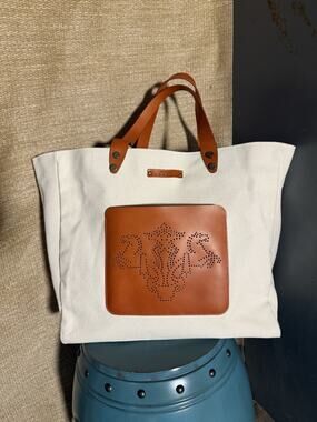 Prix De Dressage Beige Canvas Extra Large Tote Bag with Leather Double Handles